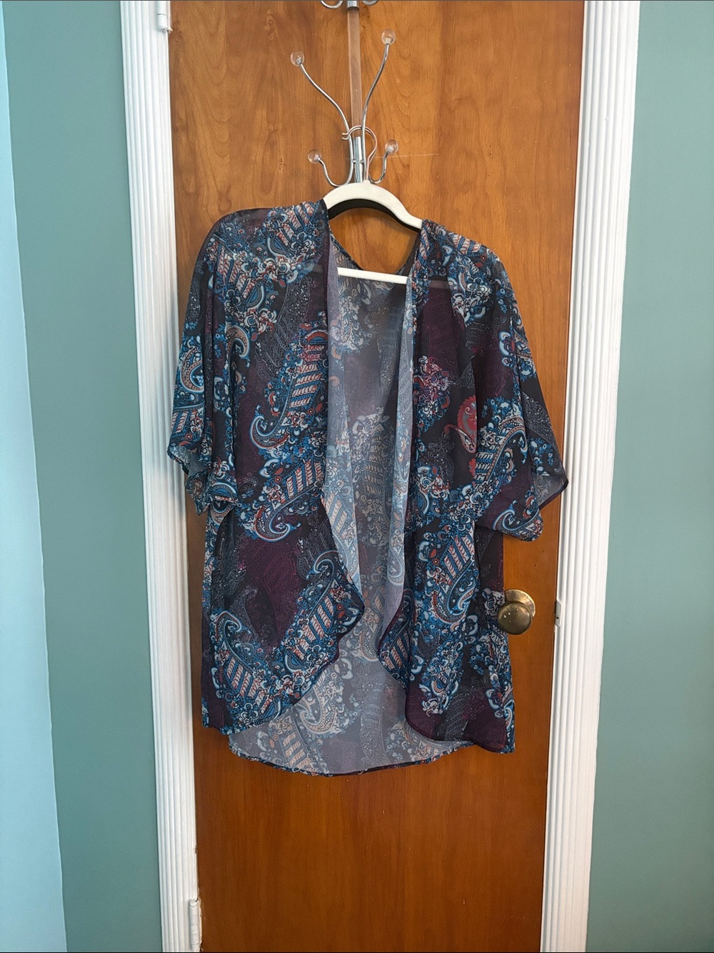 Women’s Open-Front Paisley Kimono Jacket - Blue & Purple